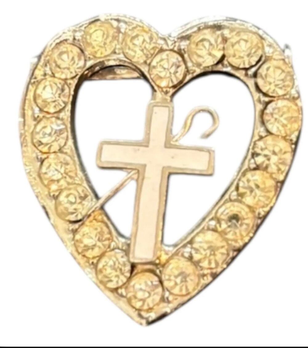 Vintage Rhinestone Heart Cross Brooch Gold Tone Christian Faith Pin